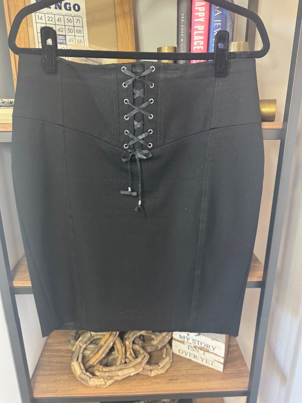 Express Black Lined Pencil Skirt with Lace Up Waist - Size 12